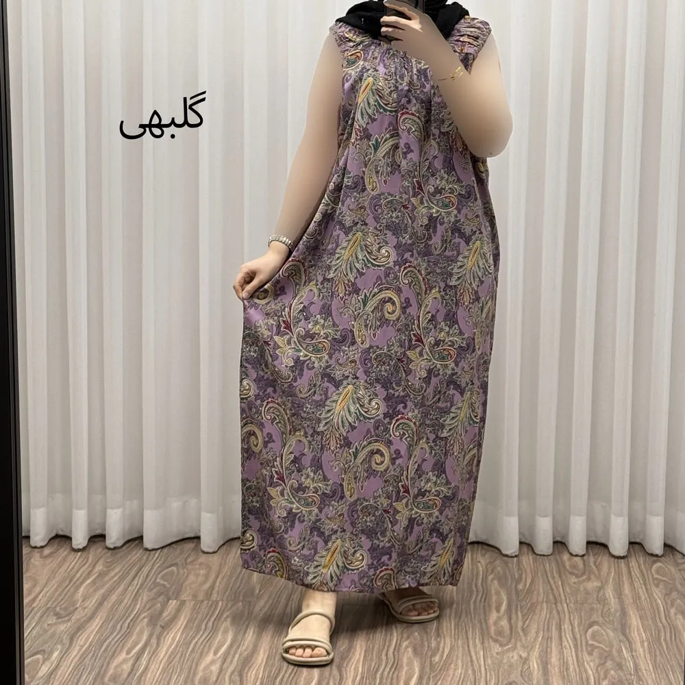 پیراهن نخی شسته شده فری سایز تا 54 آستین حلقه مدل ترمه بدون آبرفت و رنگ رفت کمربنددار چهارفصل