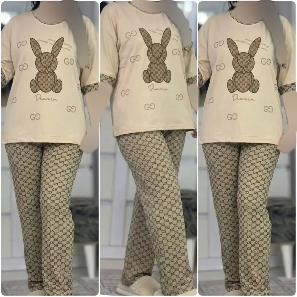 ست تیشرت و شلوار زنانه طرح خرگوشی جنس پنبه لاکرا رنگ نسکافه ای فری سایز 38 تا 46