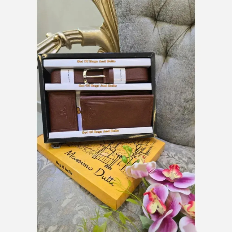پک هدیه مردانه چرم شامل کمربند، کیف پول و جاکارتی رنگ مشکی و عسلی