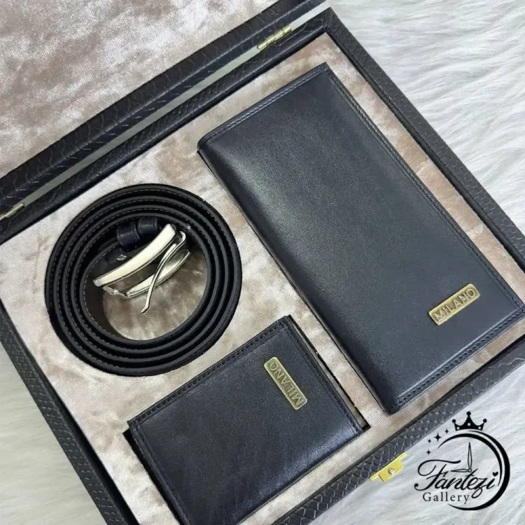 پک هدیه مردانه چرم شامل کمربند، کیف پول و جاکارتی رنگ مشکی و عسلی