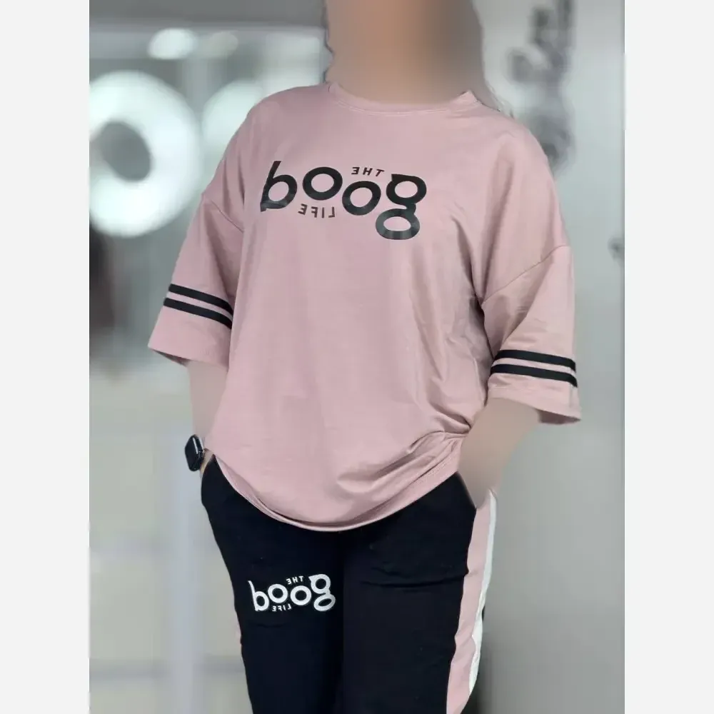 ست تیشرت و شلوار زنانه مدل Boog جنس پنبه گلکسی فری سایز 38 تا 46