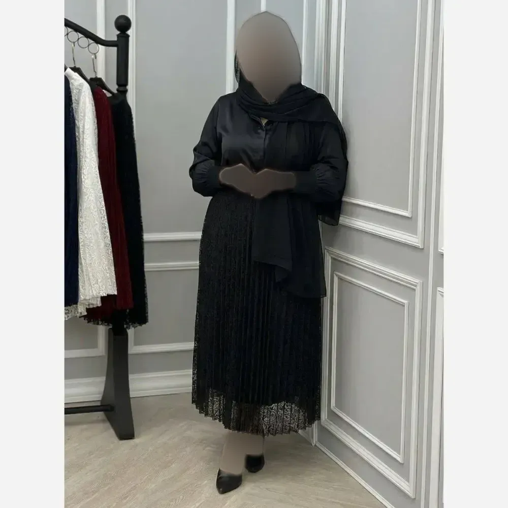 دامن پلیسه گیپور زنانه مشکی آستردار قد 95 سانت سایز 38 تا 46