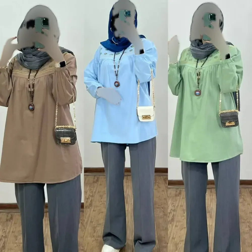 شومیز زنانه گلدوزی شده جنس الیاف طبیعی فری سایز 38 تا 48