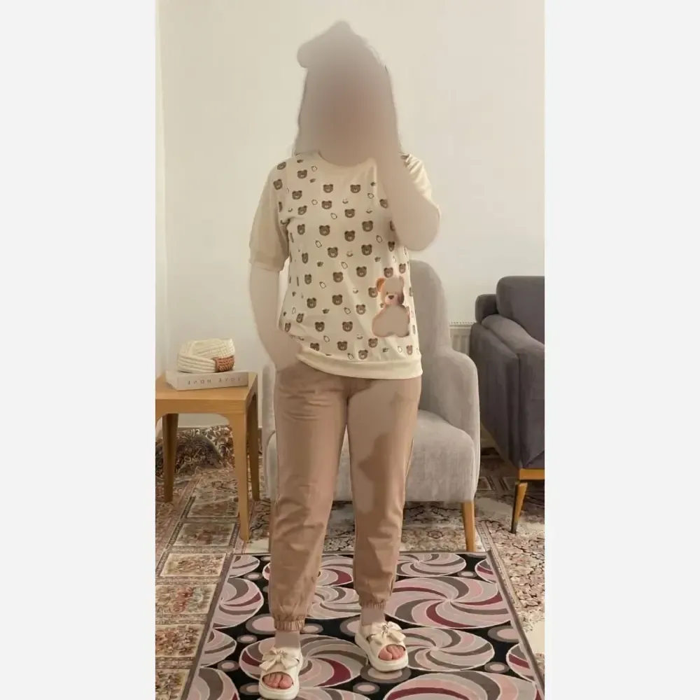 ست تیشرت و شلوار زنانه مدل متین جنس پنبه گلکسی رنگ نسکافهای فری سایز