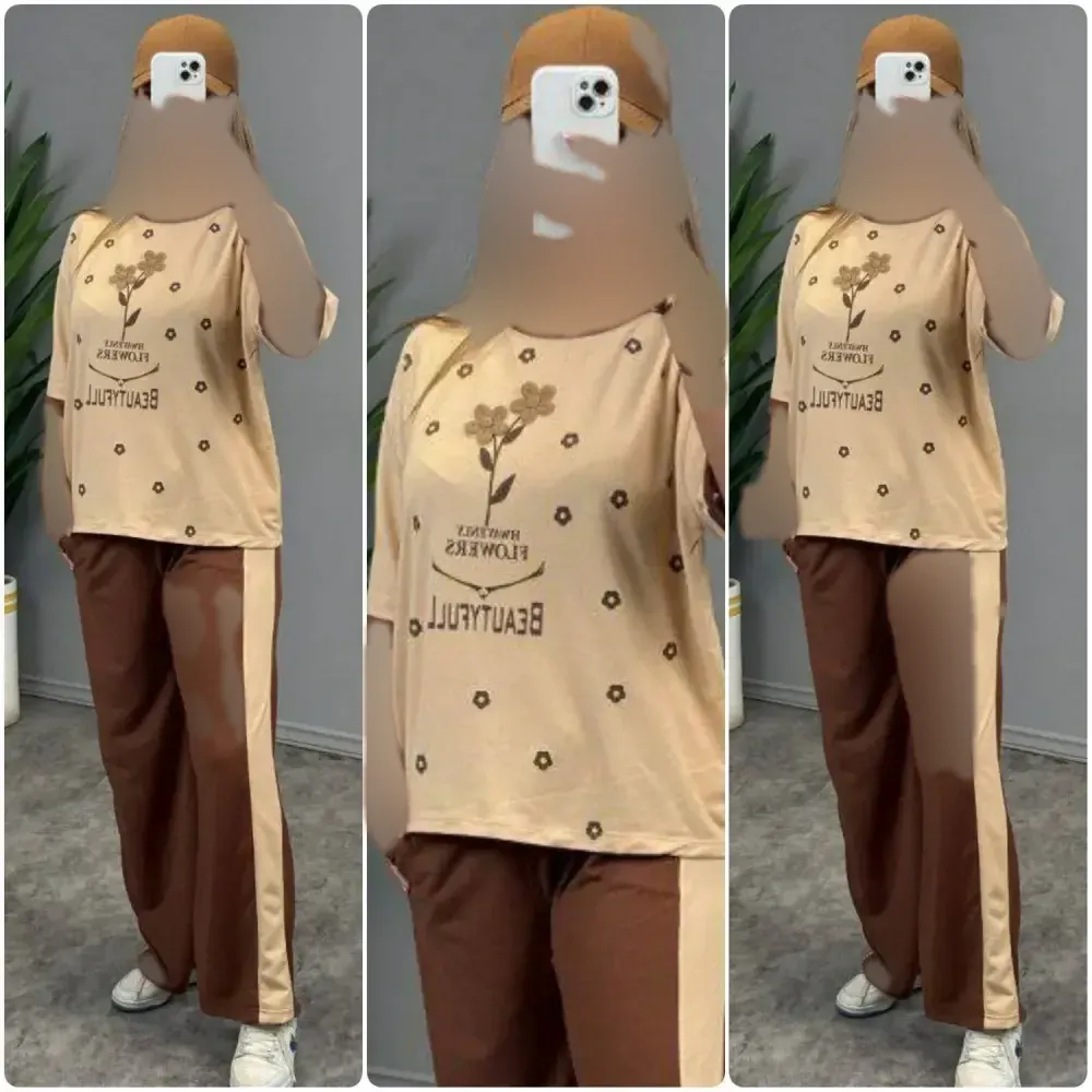 ست تیشرت و شلوار زنانه مدل طهورا جنس پنبه گلکسی فری سایز 36 تا 46