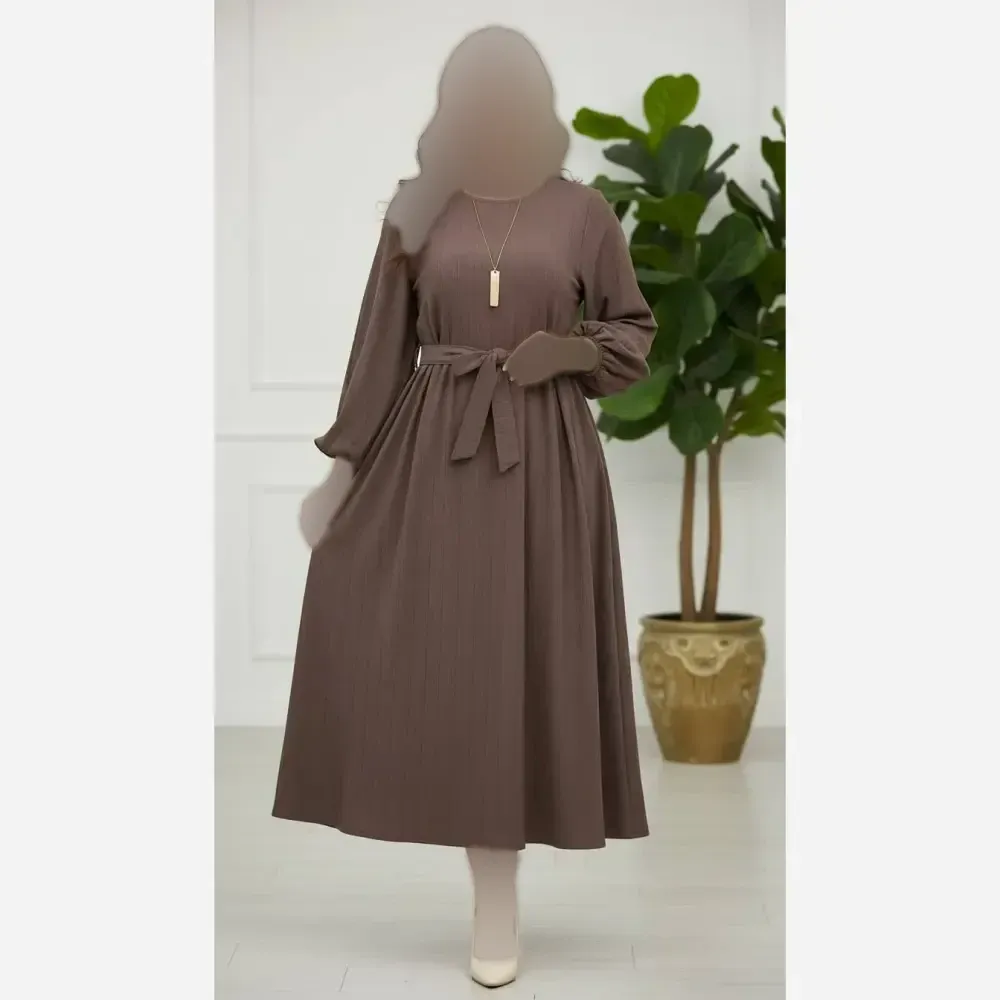 پیراهن بلند زنانه پارچه جگوار کمربند دار فری سایز تا 48