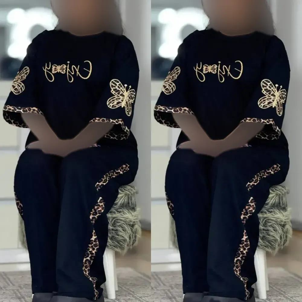 ست تیشرت و شلوار زنانه مدل گیلدا جنس پنبه گلکسی رنگ مشکی فری سایز 38 تا 48