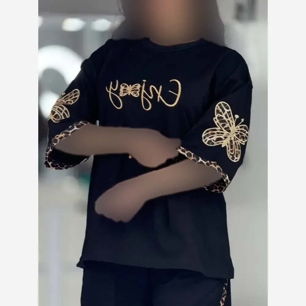 ست تیشرت و شلوار زنانه مدل گیلدا جنس پنبه گلکسی رنگ مشکی فری سایز 38 تا 48