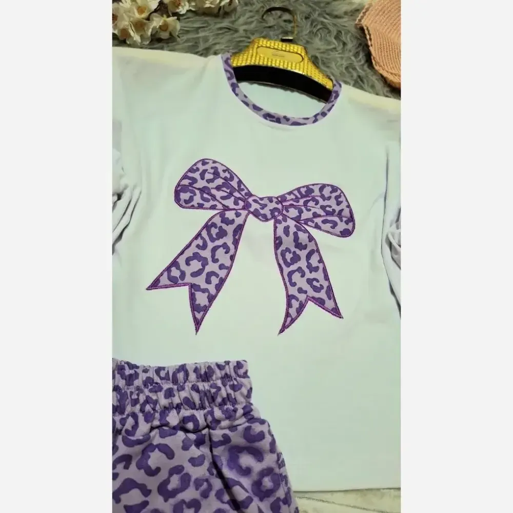 ست تیشرت کراپ و شلوارک زنانه مدل پاپیون جنس گلکسی پنبه درجه یک فری سایز