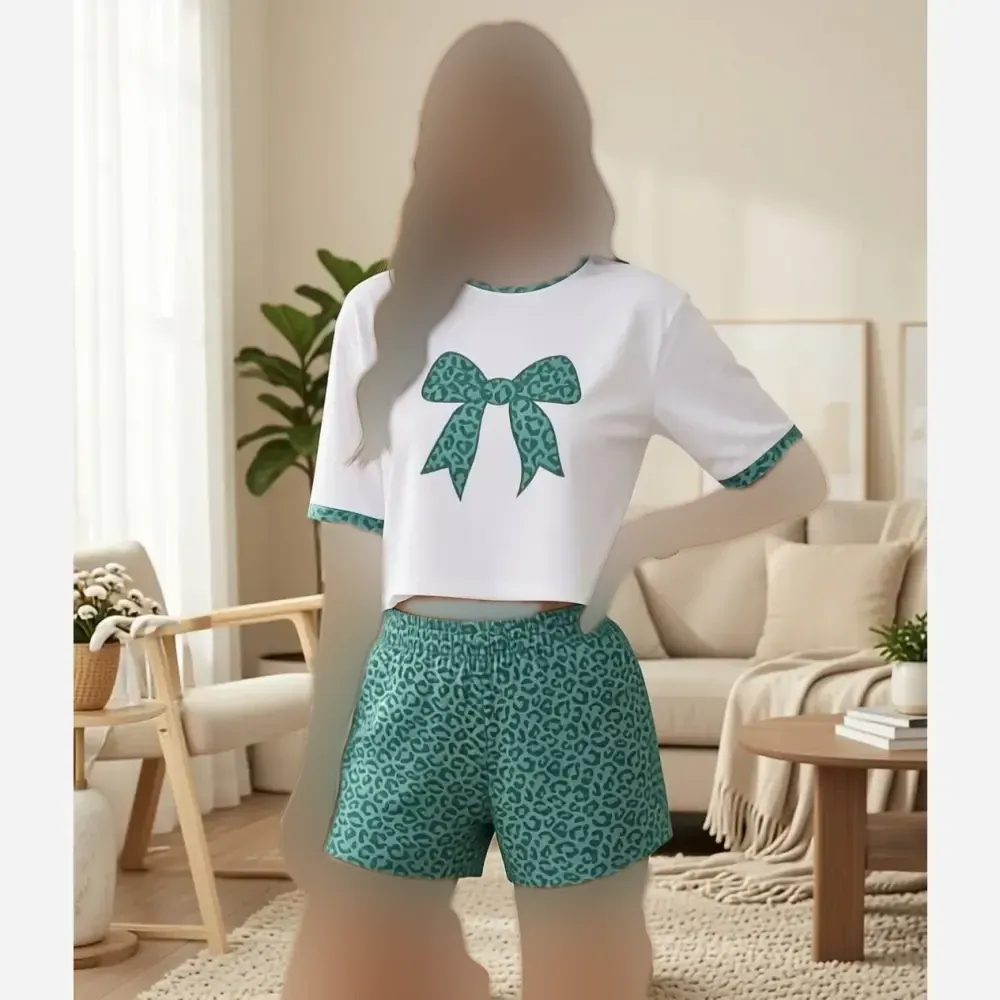 ست تیشرت کراپ و شلوارک زنانه مدل پاپیون جنس گلکسی پنبه درجه یک فری سایز