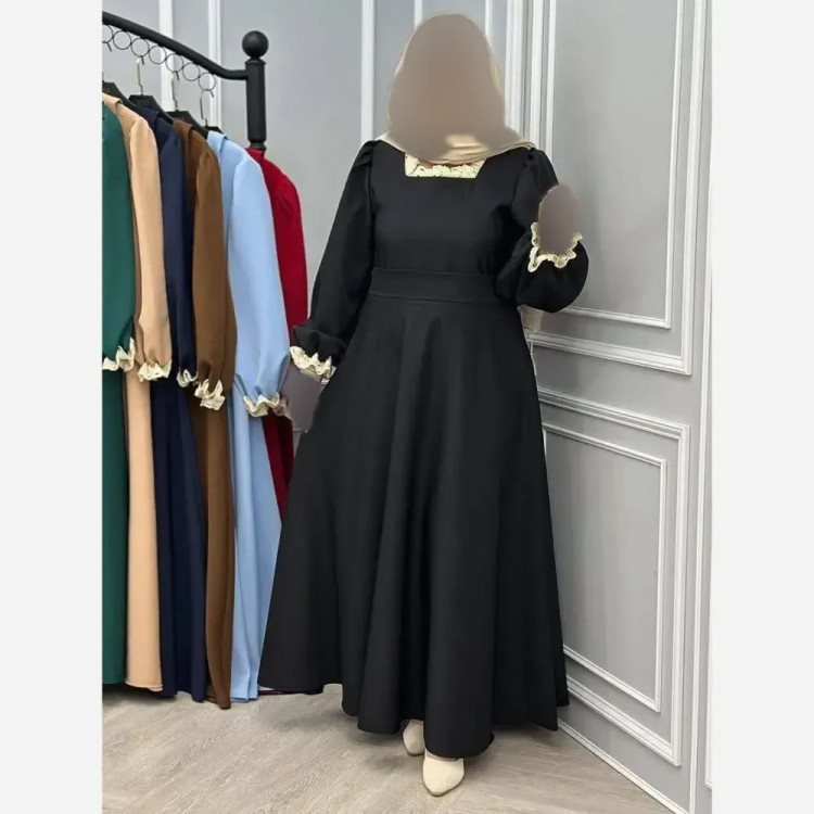 پیراهن زنانه یقه گیپور مدل شهرزاد جنس الیزه رنگ مشکی سایز فری 38 تا 46