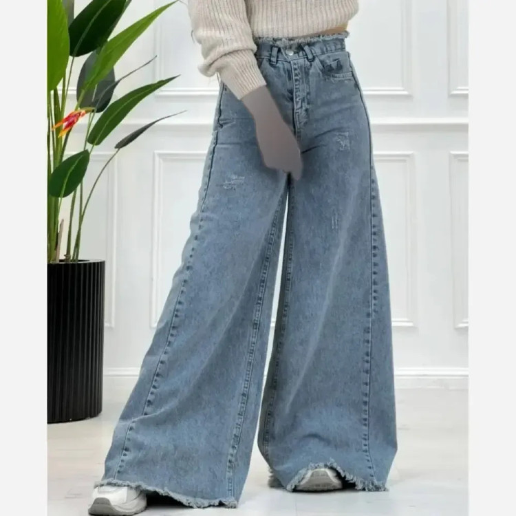 شلوار بگ جین زنانه مدل شافل پارچه گرم بالا قد 106