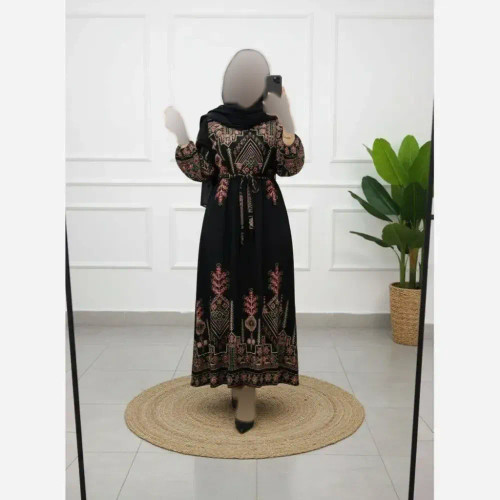 پیراهن ماکسی زنانه مدل کتیبه جنس بوگاتی فری سایز یقه کراواتی