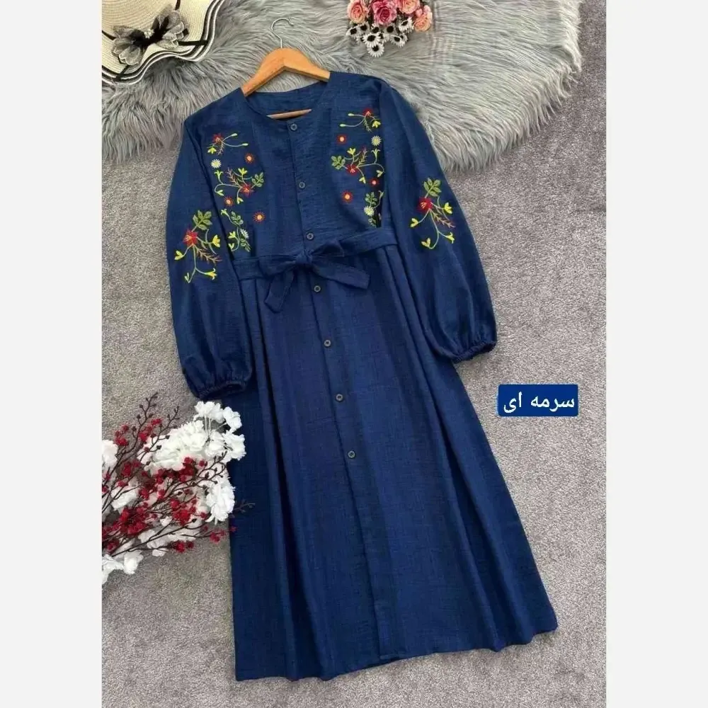 مانتو گلدوزی زنانه مدل باران جنس شانتون فری سایز کمربنددار