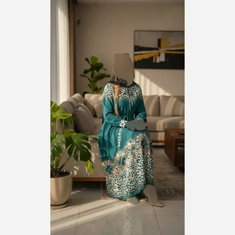 پیراهن ماکسی زنانه طرح پلنگی جنس بوگاتی فری سایز با کمربند و یقه کوبایی