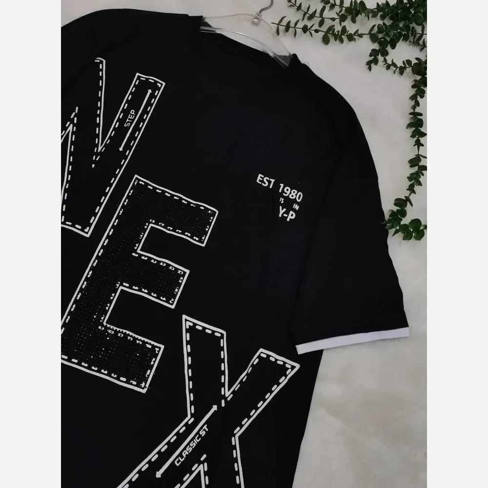 تیشرت لش NEX مشکی با جنس نخ پنبه باکیفیت و سایز فری تا 48