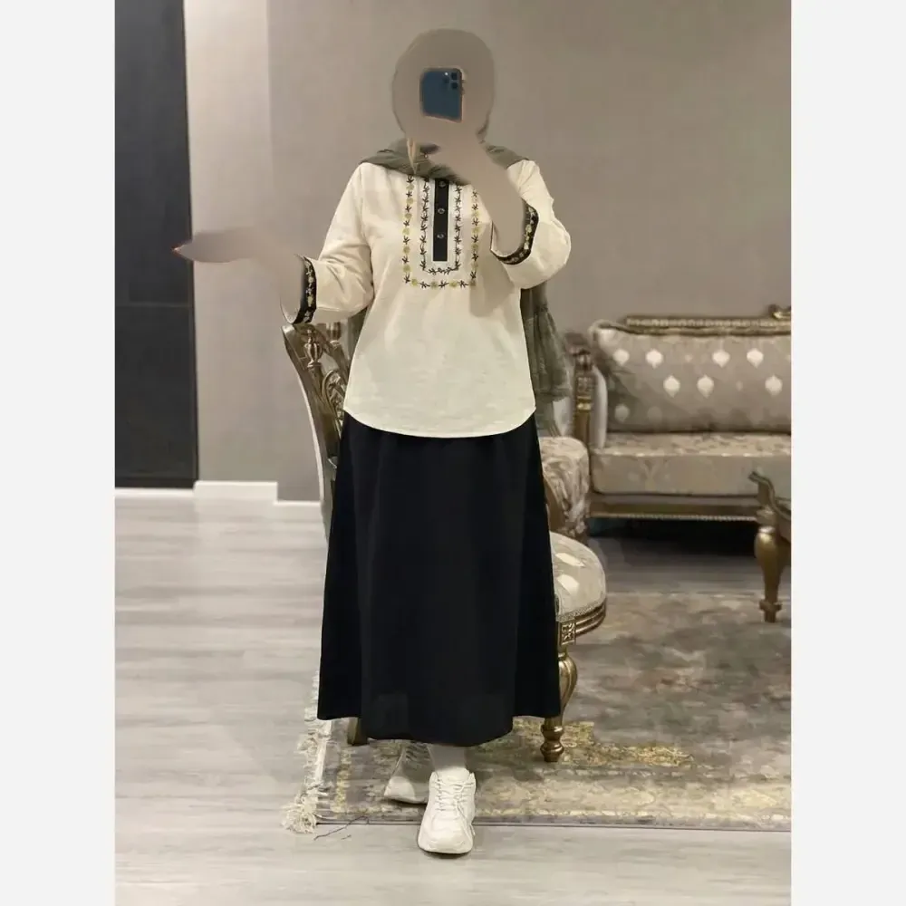 ست شومیز و دامن زنانه مدل شهلا جنس لنین نچرال و شانتون صوفیا رنگ کرم سایز فری 38 تا 46