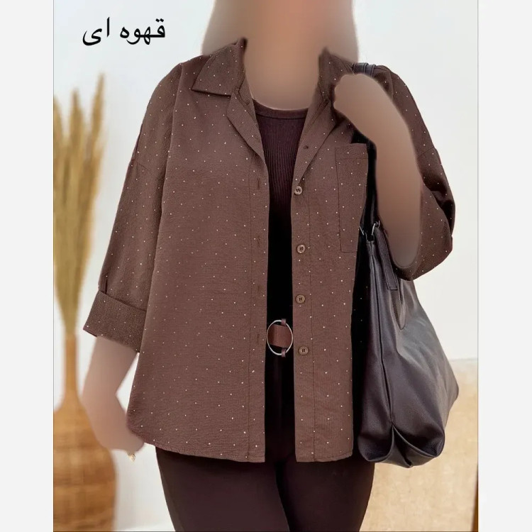 شومیز مانتویی نگین دار زنانه جنس کرپ پفکی فری سایز