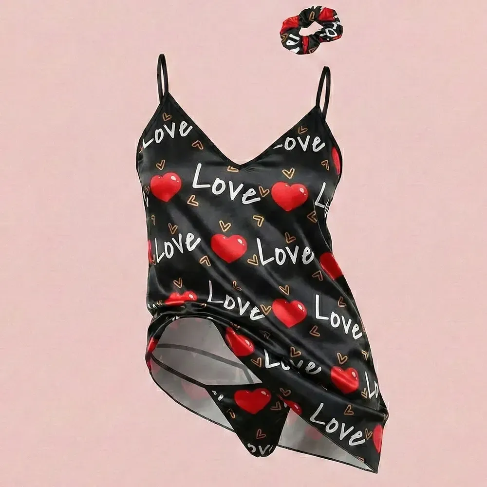 ست لباس خواب زنانه ساتن مدل LOVE رنگ مشکی کد 10832