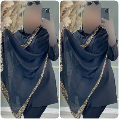 شال حاشیه پلنگی مشکی جنس پلیسه ریز ابعاد 60 در 180 سانتیمتر