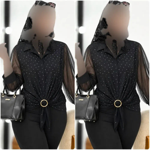 شومیز مجلسی زنانه مشکی نگیندار با تور سایز فری 38 تا 46