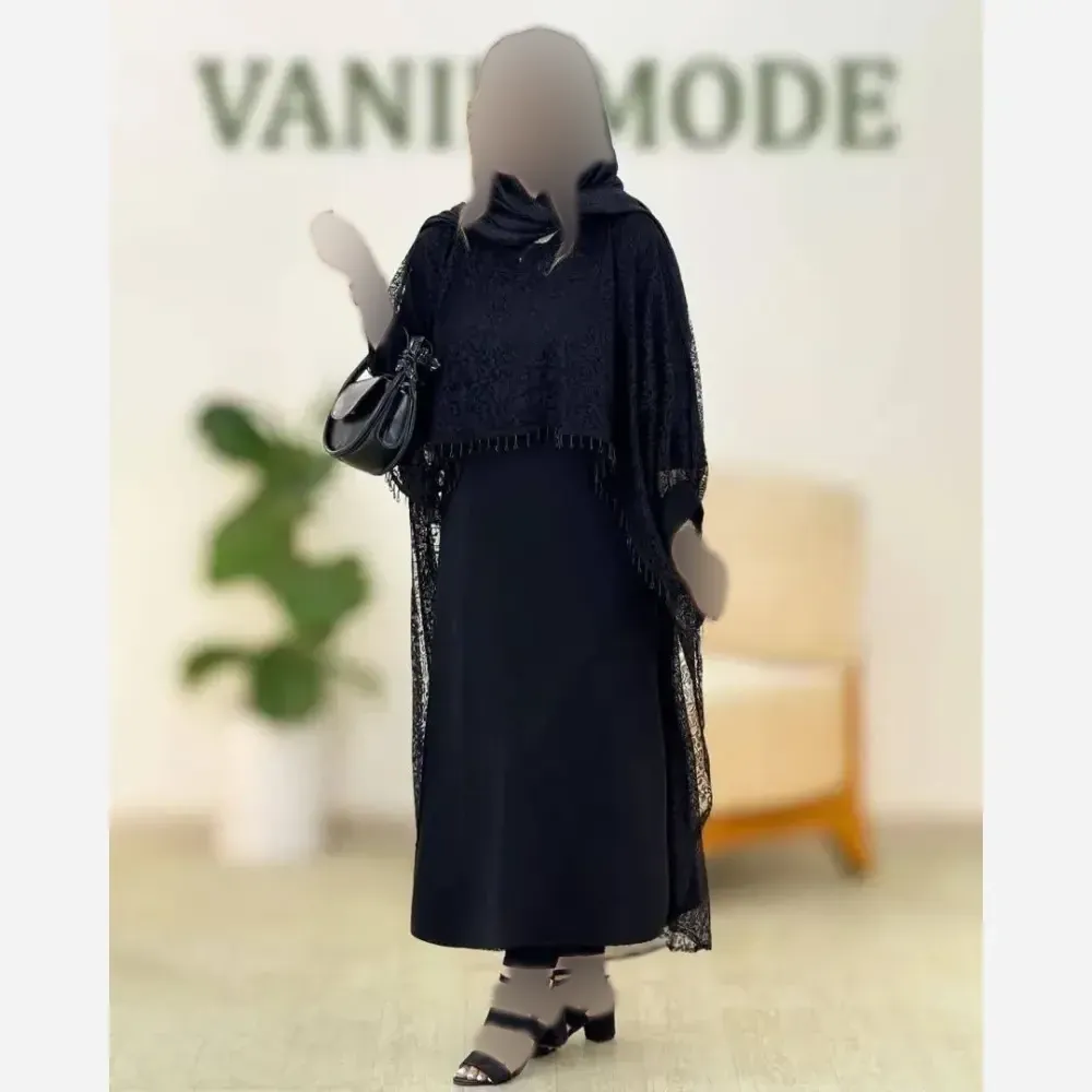 ست دوتیکه مجلسی زنانه مدل رویال سارافن بوگاتی با رویه دانتل مشکی سایز فری 38 تا 48