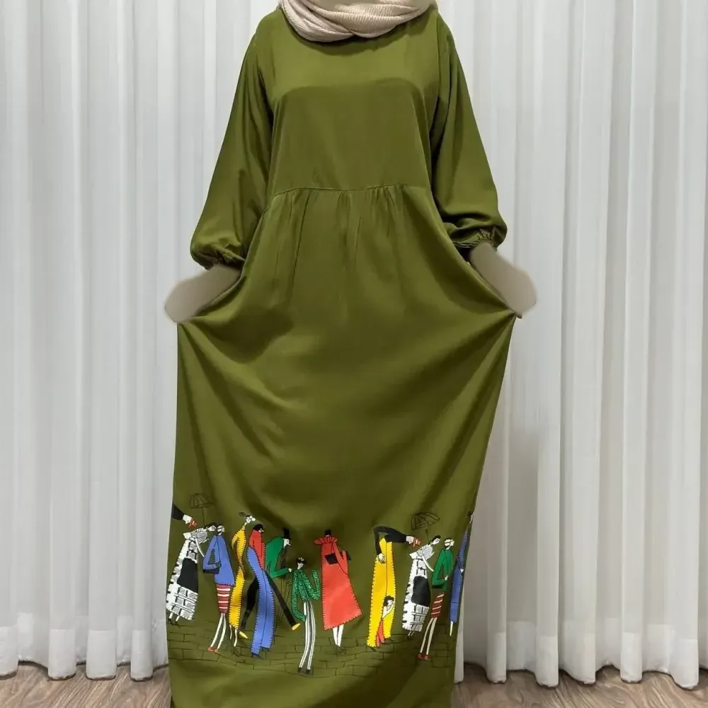 لباس ساحلی زنانه لنین طرح آدمکی کمربنددار سایز فری سبز و خردلی