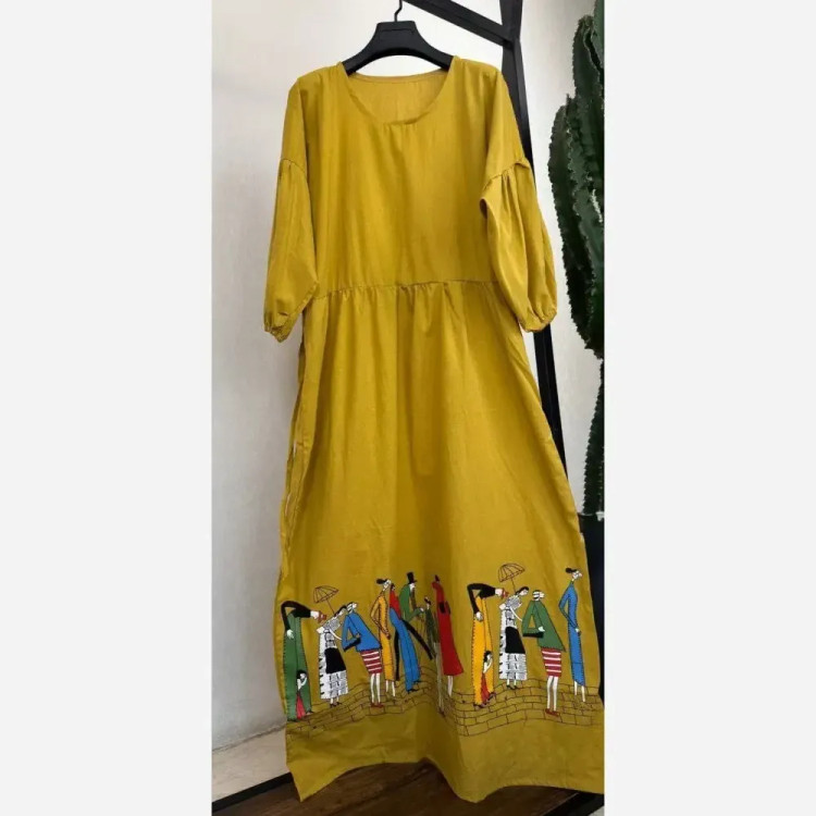 لباس ساحلی زنانه لنین طرح آدمکی کمربنددار سایز فری سبز و خردلی