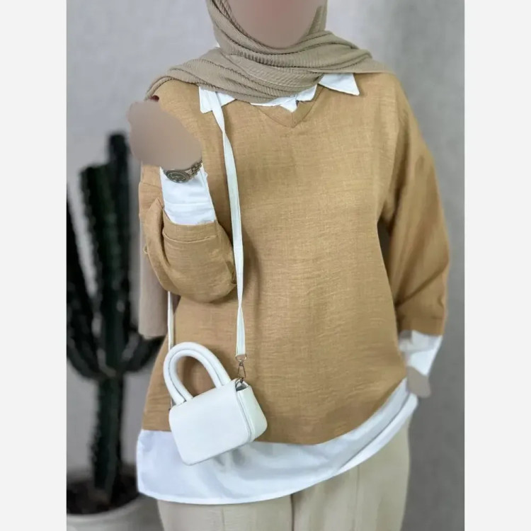 شومیز زنانه مدل لاله جنس شانتون رنگ نسکافه ای فری سایز