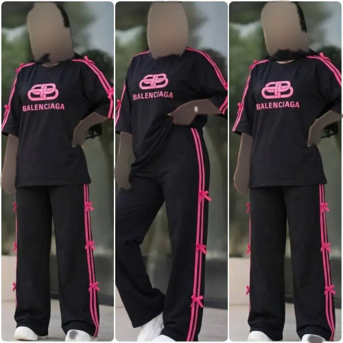ست تیشرت و شلوار بالنسیاگا پاپیونی پنبه گلکسی مشکی صورتی فری سایز
