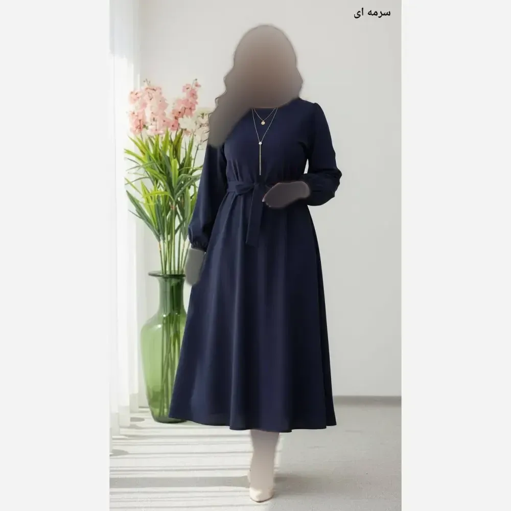 پیراهن بلند زنانه جنس اطلس کمربند دار سایز فری تا 48