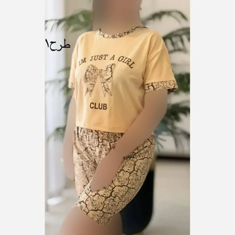 ست تیشرت و شلوارک زنانه پنبه اعلا رنگ کرم، شکلاتی، کرم نسکافه ای سایز فری 38 تا 46