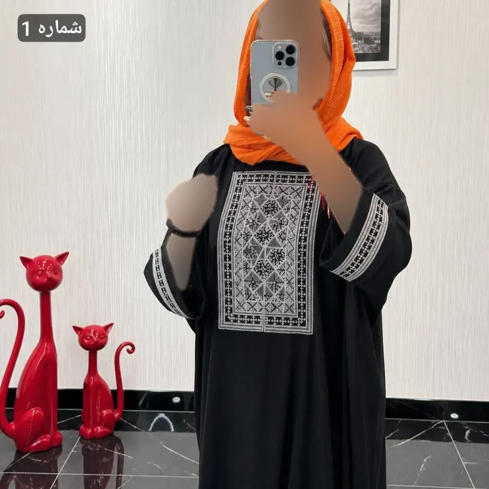 مانتو عبایی سمیرا کرپ اسکاچی کتیبه تافته فری سایز 36 تا 58 قد 115