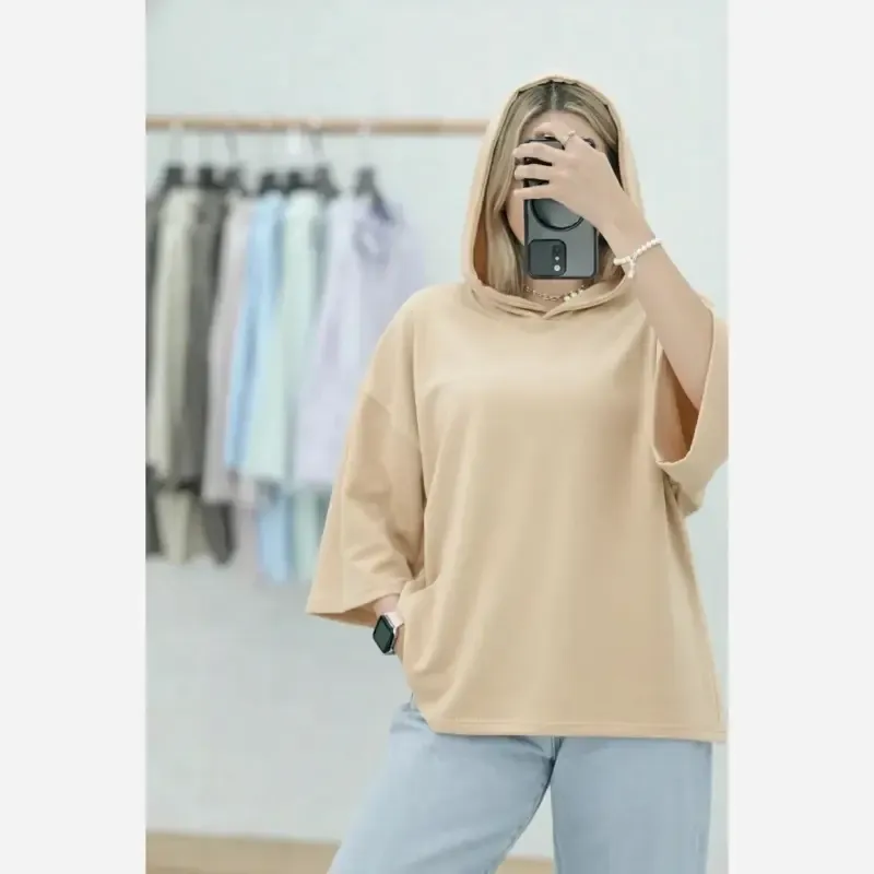 تیشرت کلاهدار زنانه پنبه سوپر فری سایز