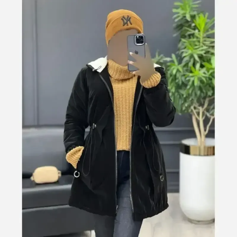 کاپشن لیوسا سیلیکونی داخل ببعی کلاه دار رنگ مشکی سایز فری 38 تا 46