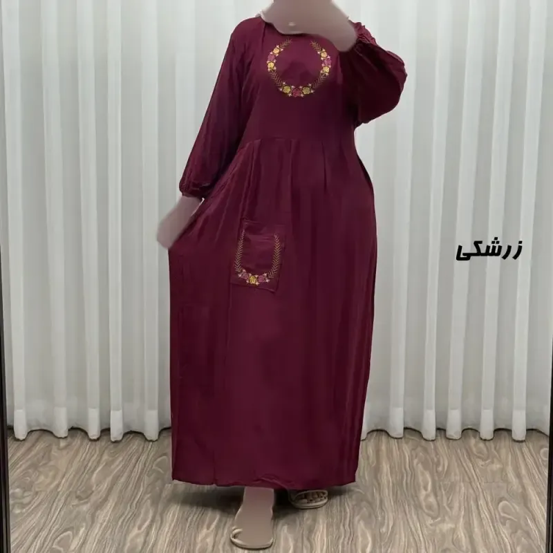 پیراهن نخی گلدوزی زنانه مدل خاطره فری سایز تا 48 با کمربند