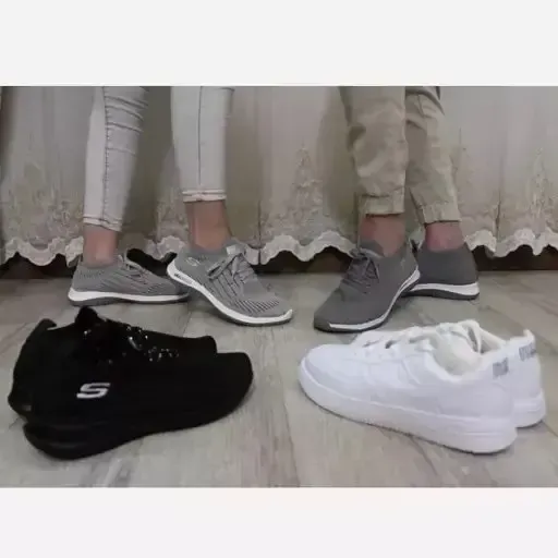 کتونی زنانه و مردانه اسکیچرز بنددار مشکی و طوسی